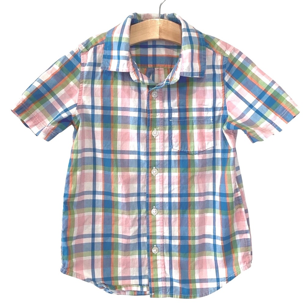Gap Kids 5T Plaid Button Down Shirt Short Sleeve Multi Color Pink Blue - 5Y